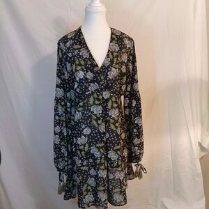Umgee Small Black Floral Boho Sheer Tunic Tie Cuff Long Sleeves Dress